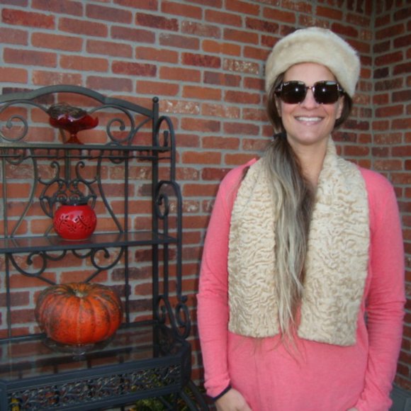 Blonde Pologeris real Persian Lamb Scarf w/ MINK trimmed Persian Lamb Fur Hat
